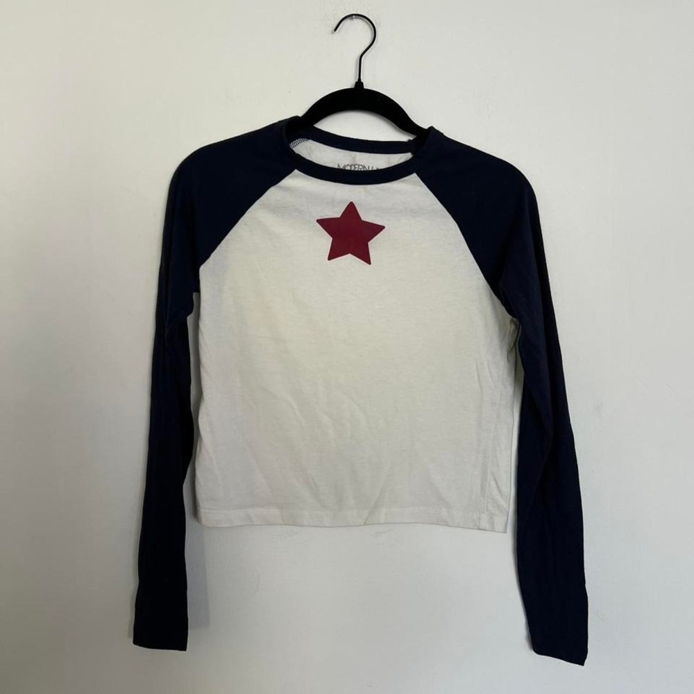 Baby Tee Navy White Raglan Sleeve Red Star 90s Y2K Skater Grunge Women's Size M - Picture 3 of 6